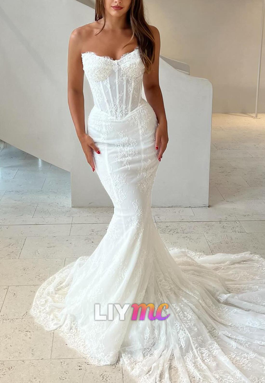 Swetheart Long Sleeves Lace Appliques Mermaid Wedding Dress