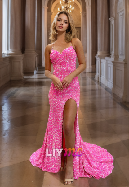 Sweetheart Spaghetti Straps Lace-Up Sparkly Mermaid Prom Dress