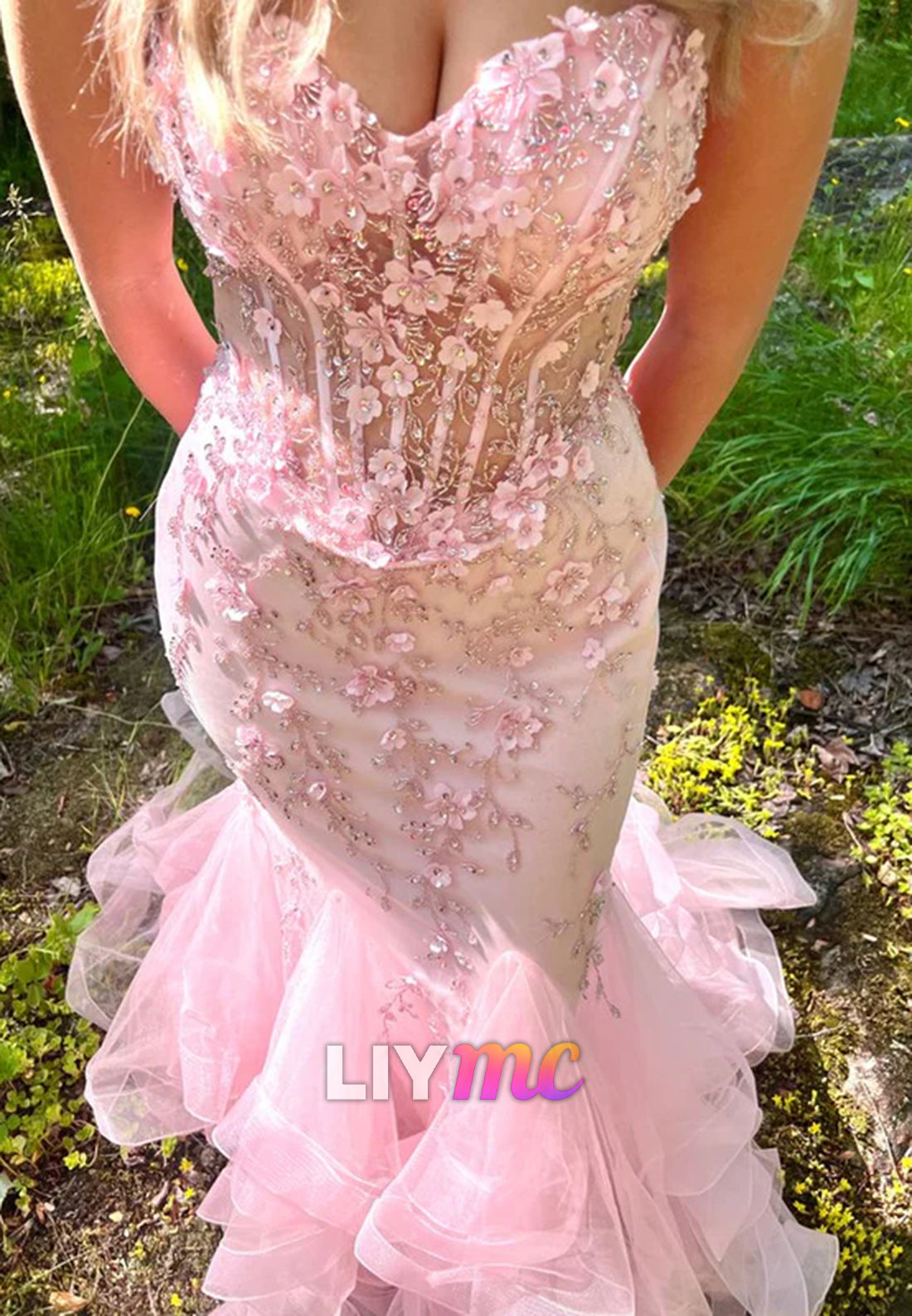 Pretty Strapless Pink Tulle Appliques Beaded Mermaid Party Dress Long Evening Gown