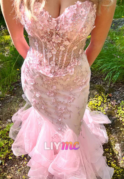 Pretty Strapless Pink Tulle Appliques Beaded Mermaid Party Dress Long Evening Gown