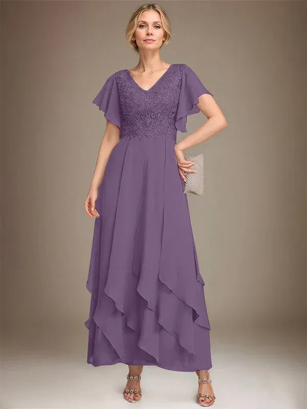 A-line V-Neck Ankle-Length Lace Chiffon Mother of the Bride Dress With Cascading Ruffles