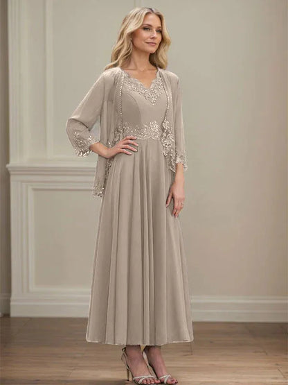 A-line V-Neck Ankle-Length Chiffon Mother of the Bride Dress With Sequins Appliques Lace Beading