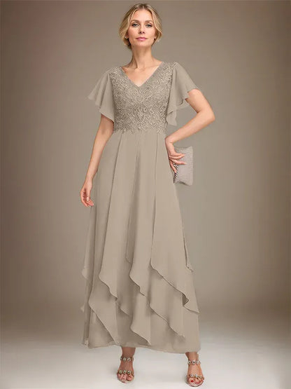 A-line V-Neck Ankle-Length Lace Chiffon Mother of the Bride Dress With Cascading Ruffles