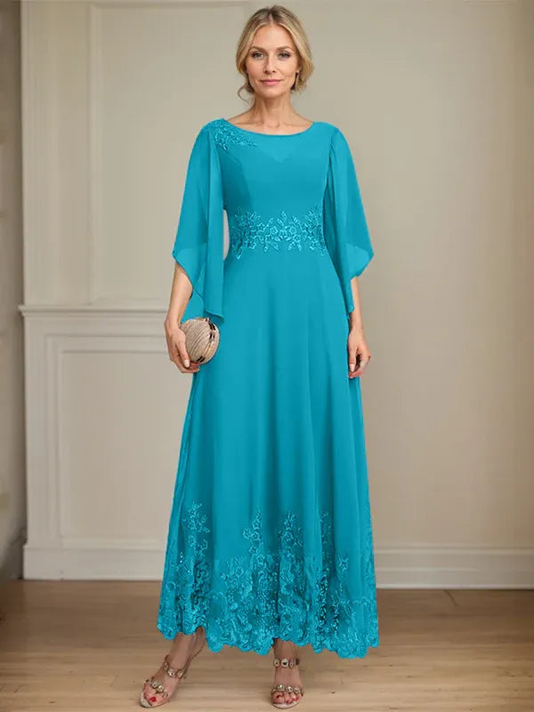 A-line Scoop Illusion Ankle-Length Lace Chiffon Mother of the Bride Dress With Sequins