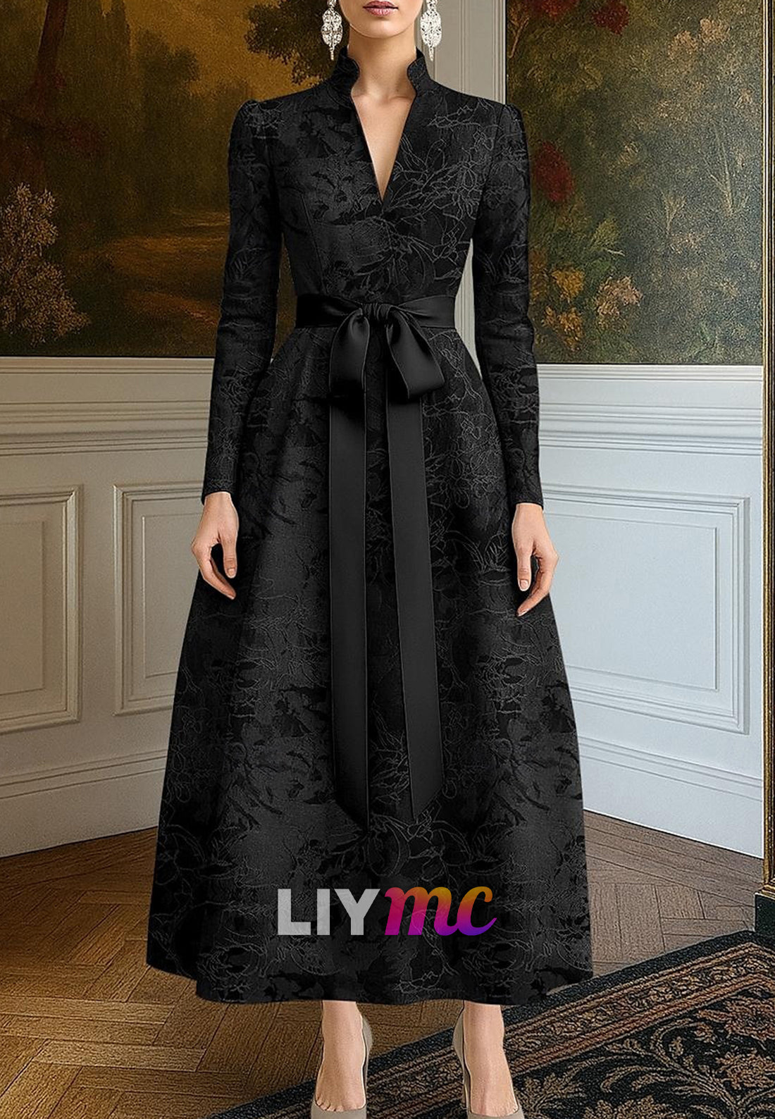 Tie Jacquard Brocade A-Line Evening Gown Elegant Dress Formal Wedding Floor Length Long Sleeve