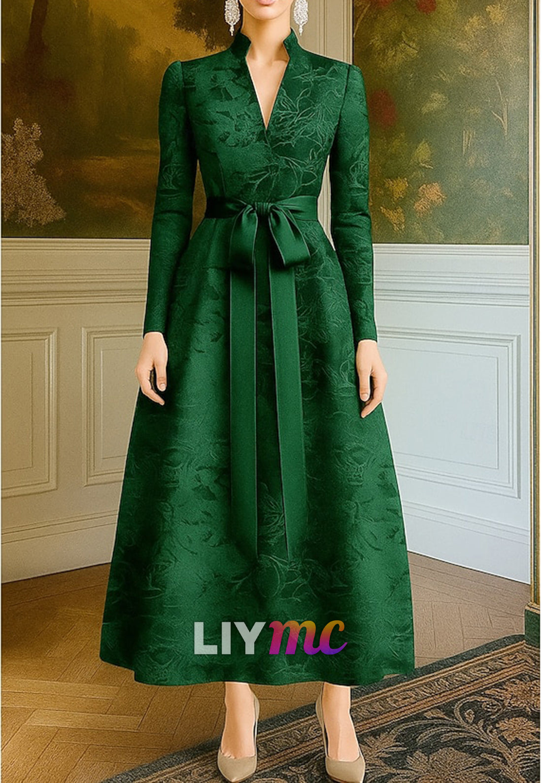 Tie Jacquard Brocade A-Line Evening Gown Elegant Dress Formal Wedding Floor Length Long Sleeve