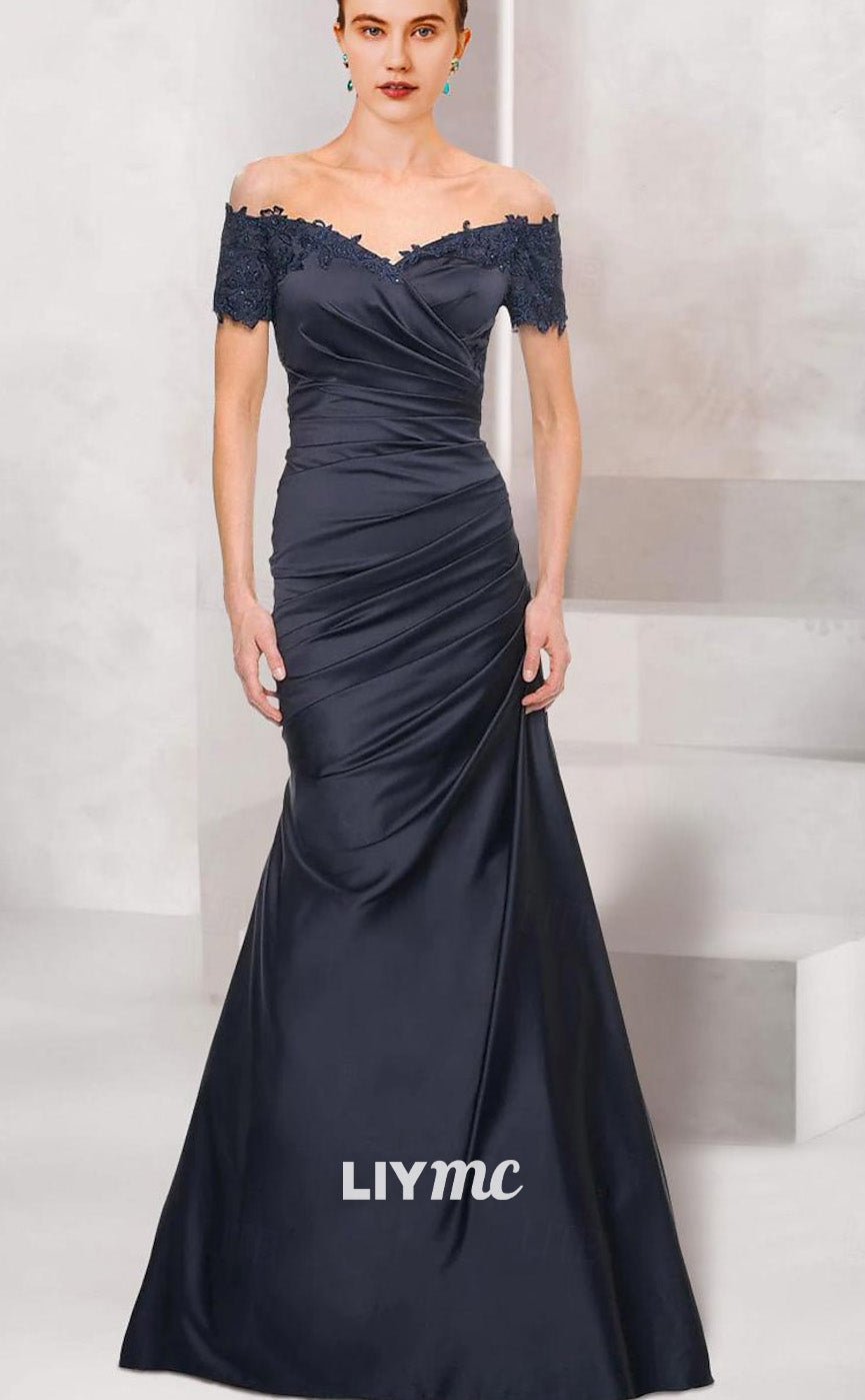 M1076 - Trumpet Mother of the Bride Dress Wedding Off Shoulder V Neck Floor Length Satin Short Sleeve