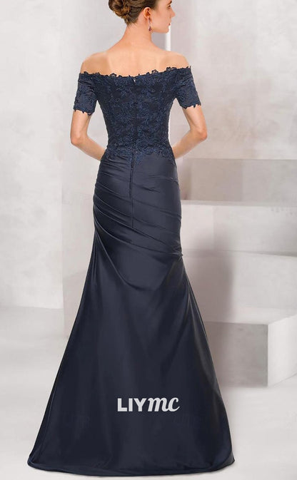 M1076 - Trumpet Mother of the Bride Dress Wedding Off Shoulder V Neck Floor Length Satin Short Sleeve