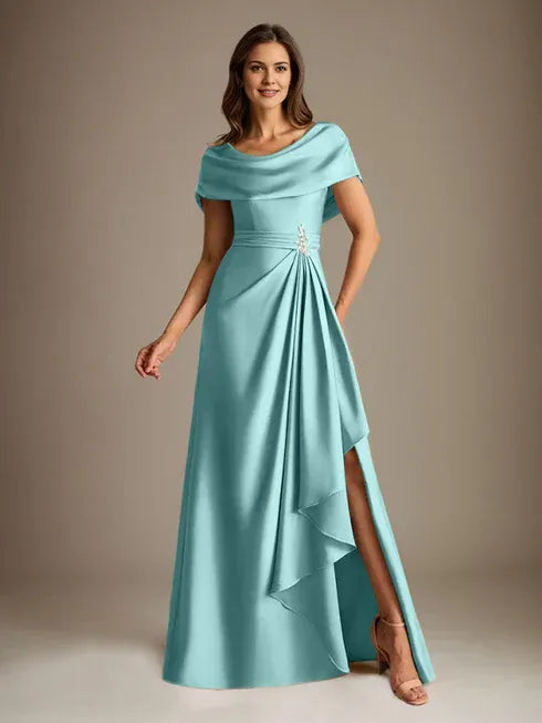 A-Line Scoop Floor-Length Stretch Satin Mother of the Bride Dress With Cascading Ruffles