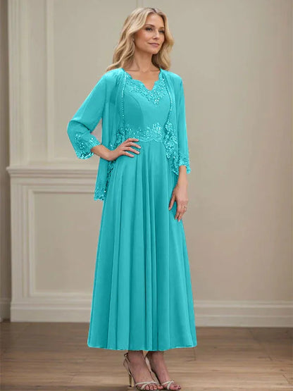 A-line V-Neck Ankle-Length Chiffon Mother of the Bride Dress With Sequins Appliques Lace Beading
