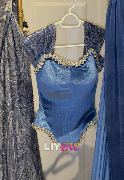 Two Piece Beaded Embroidery Velvet A-Line Prom Dress with Scarf