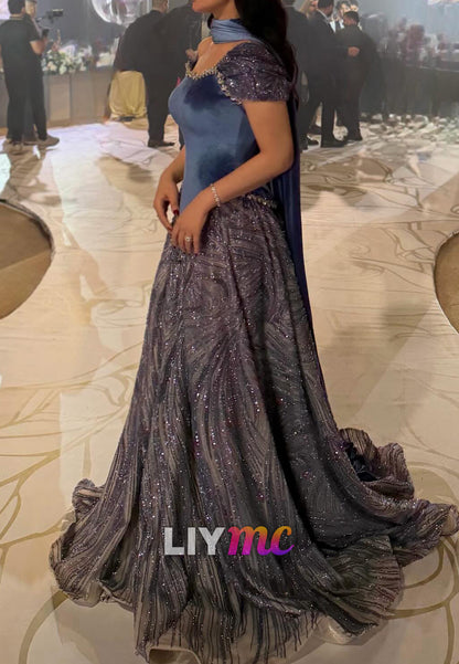 Two Piece Beaded Embroidery Velvet A-Line Prom Dress with Scarf