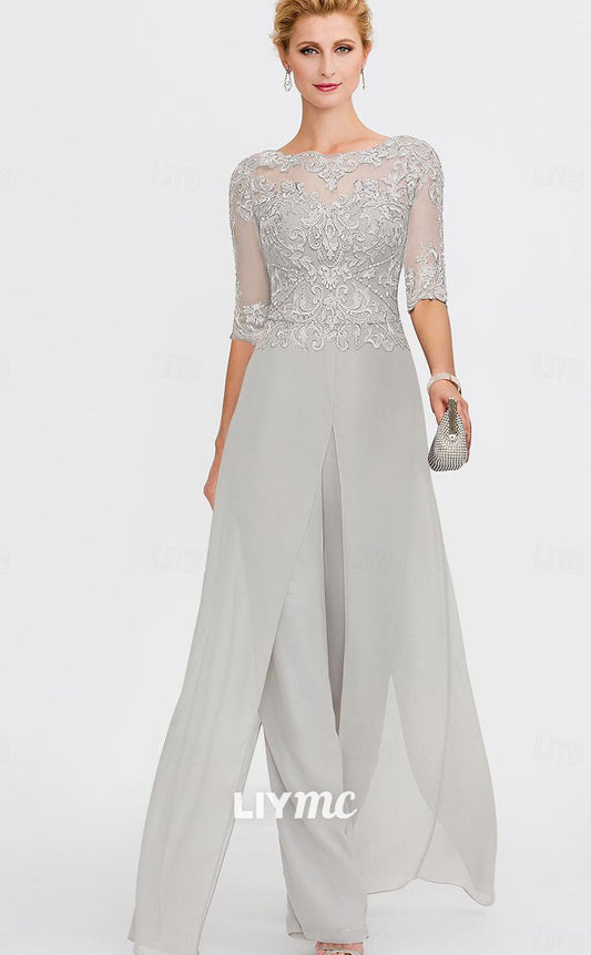 M1008 - Two Piece Jumpsuit  Pantsuit Mother of the Bride Dress Bateau Length Sleeve with Appliques