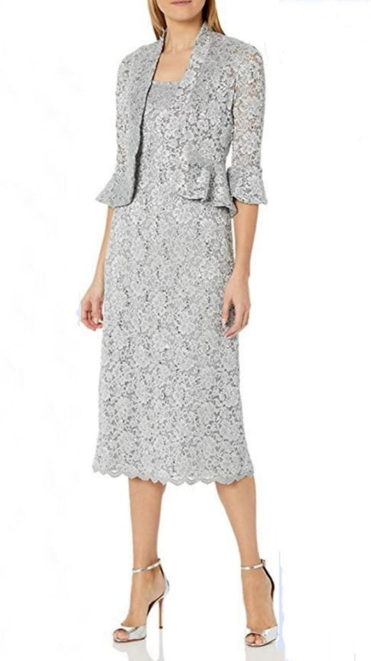 M1067 - Two Piece Mother of the Bride Dress Wedding Guest Scoop Lace 34 Length Sleeve