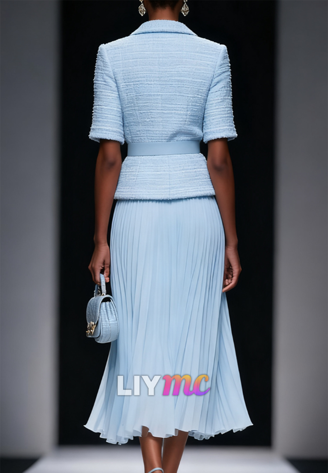 Two Piece Pleated V-Neck Short Sleeves A-Line Work Dress
