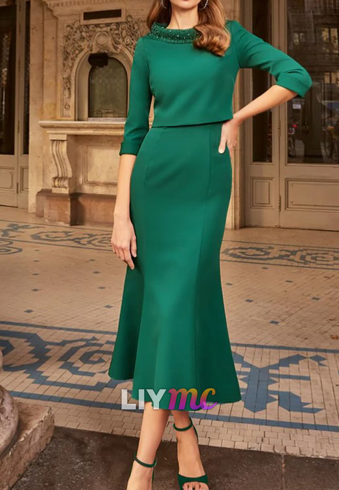 Two Piece Scoop Cap Sleeves Beaded Mermaid Mother of Bride Dress