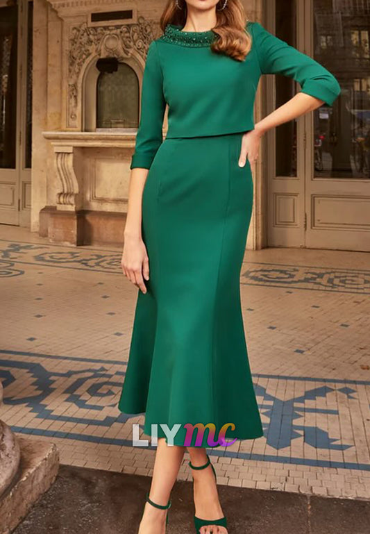 Two Piece Scoop Cap Sleeves Beaded Mermaid Mother of Bride Dress