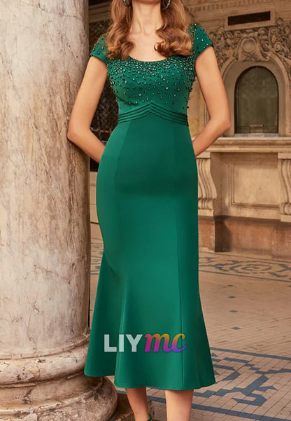 Two Piece Scoop Cap Sleeves Beaded Mermaid Mother of Bride Dress