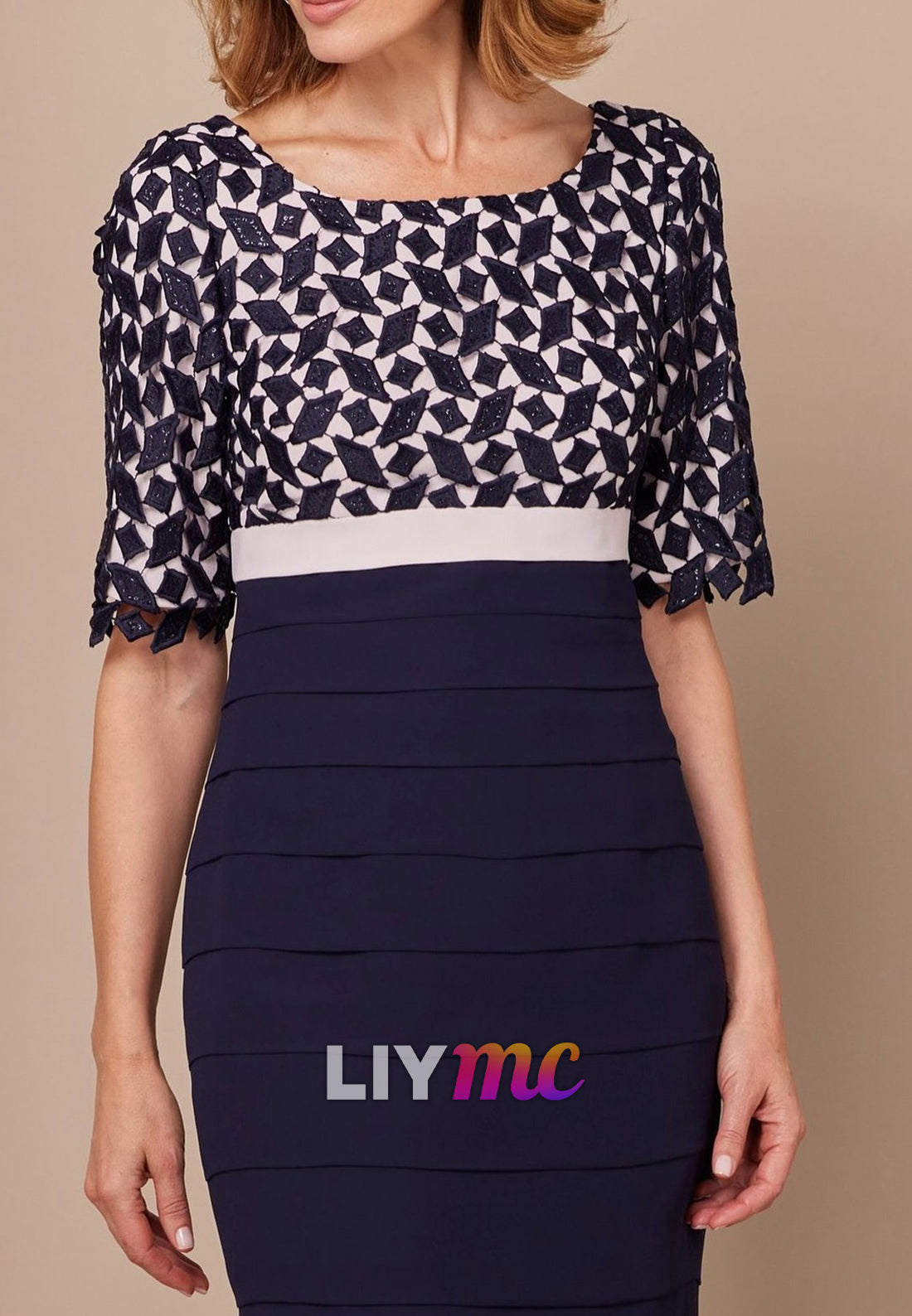 Two Piece Short Sleeves Sheath Knee-Length Mother of Bride Dress