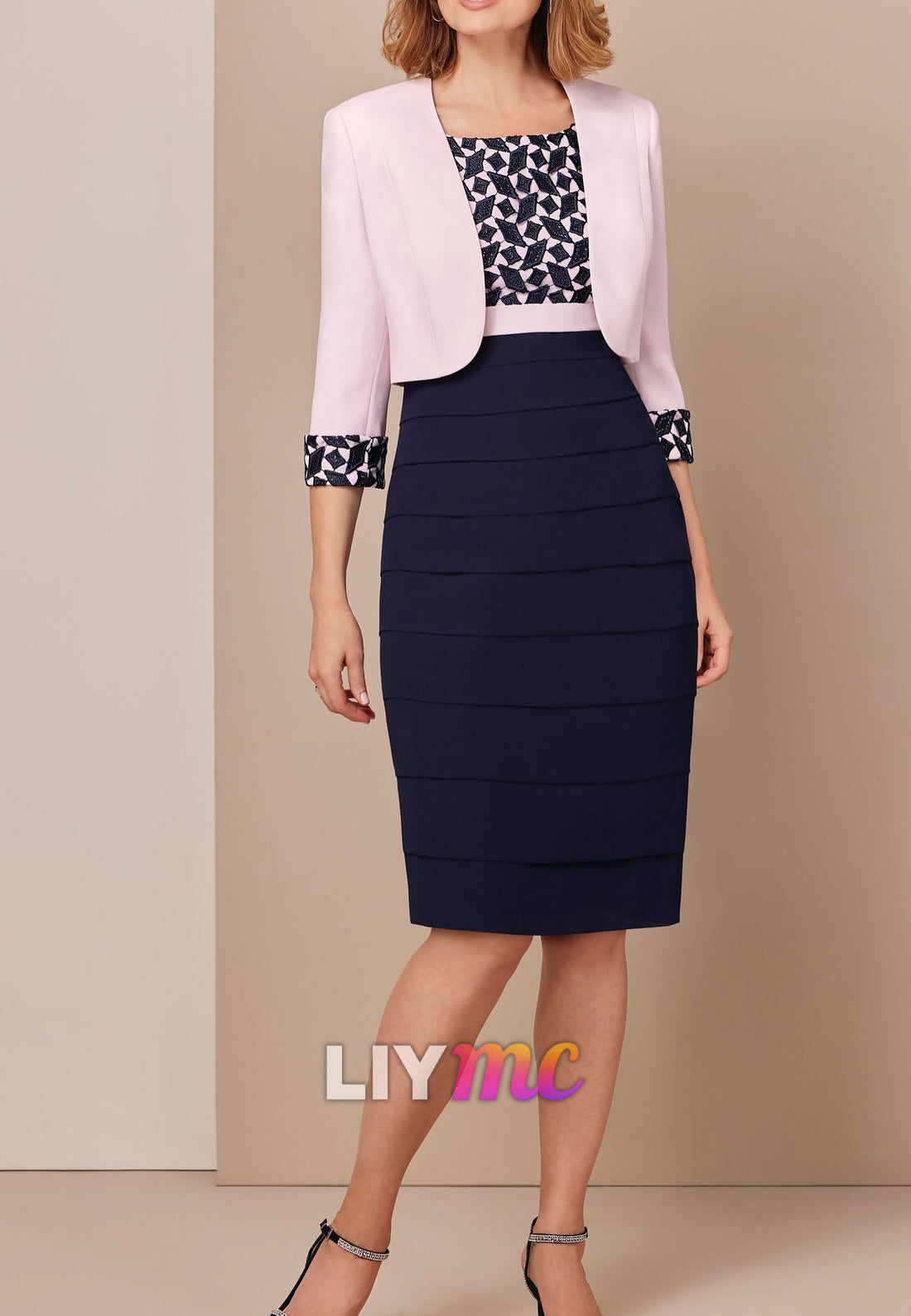 Two Piece Short Sleeves Sheath Knee-Length Mother of Bride Dress