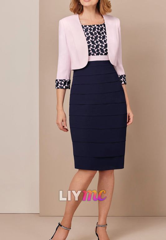 Two Piece Short Sleeves Sheath Knee-Length Mother of Bride Dress
