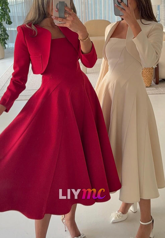 Two Piece Straight Across Long Sleeves Wedding Guest Dresss A-Line Cocktail Dress