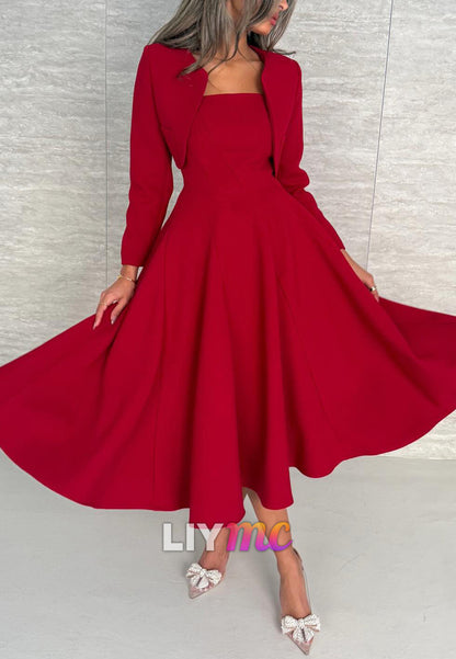 Two Piece Straight Across Long Sleeves Wedding Guest Dresss A-Line Cocktail Dress