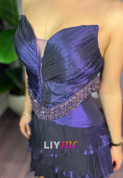 Two Piece V-Neck Tiered Pleated Beaded Fringe A-Line Homecoming Dress