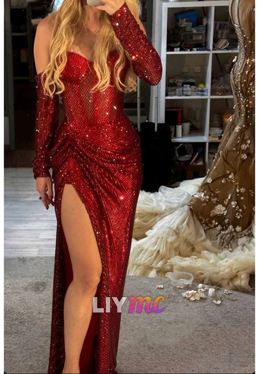 Sparkly Strapless Burgundy Sequin Slit Long Party Dress Evening Gown