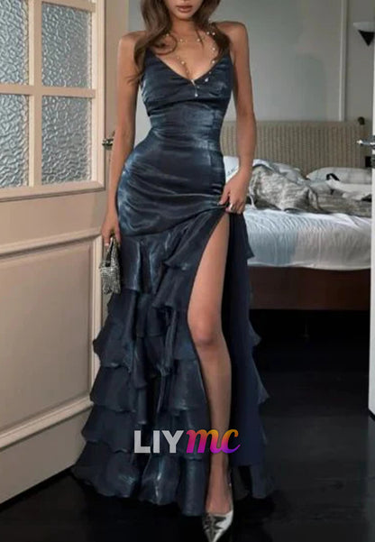 Sexy V Neck Blue Satin Layered Slit Mermaid Long Party Dress Formal Wedding Guest Dress