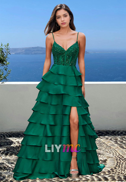 V--Neck Spaghetti Straps Appliques Tiered A-Line Prom Dress