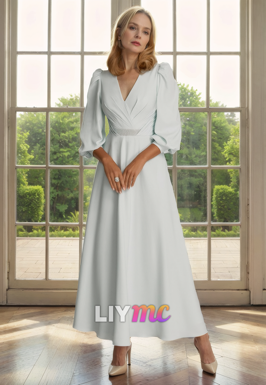 V-Neck 34 Length Sleeves Chiffon Pleated A-Line Mother of Bride Dress Cocktail Dress