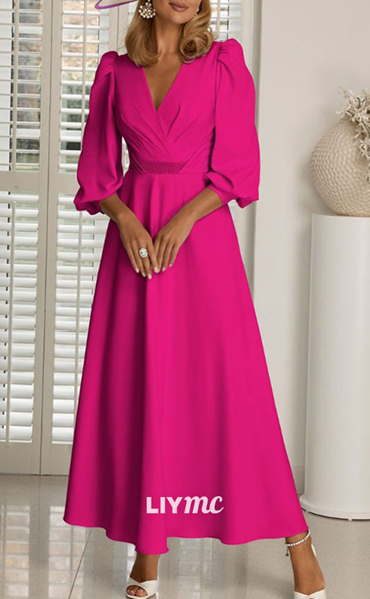 M1111 - V-Neck 34 Length Sleeves Pleated A-Line Mother of Bride