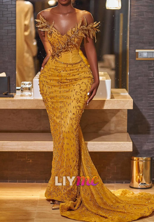 V-Neck 3D Floral Beaded Embroidery Sparkly Mermaid Prom Dress