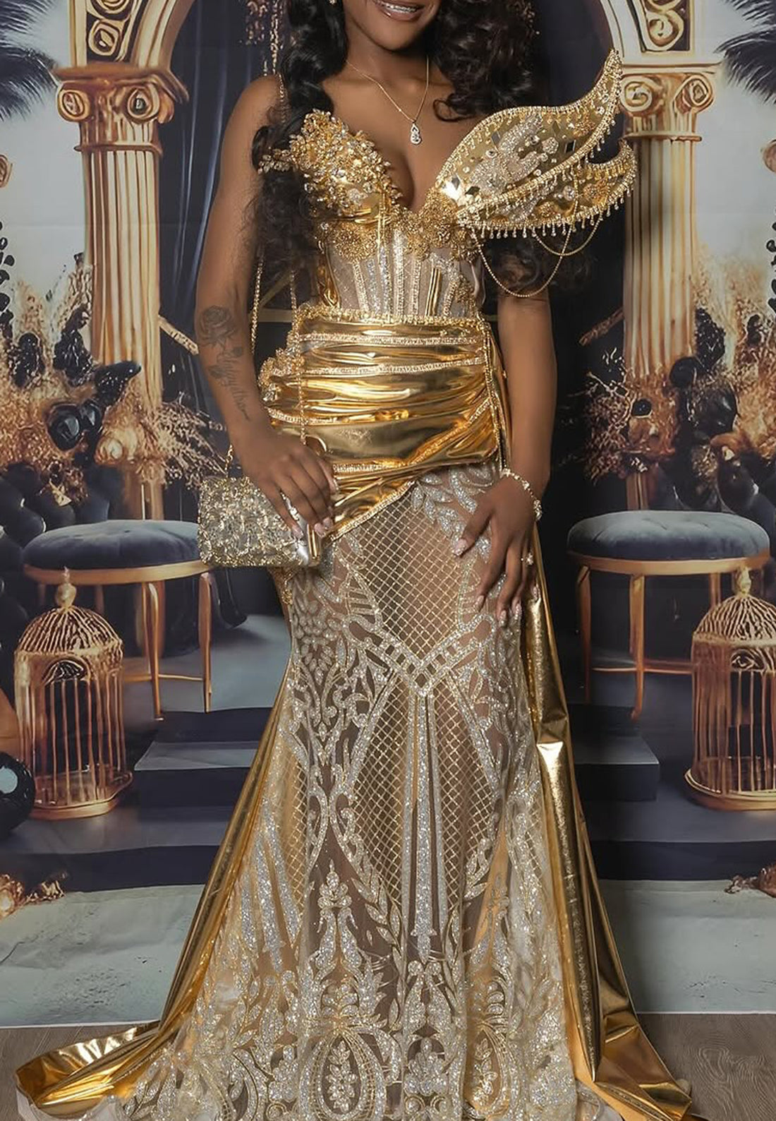 V-Neck Appliques Beaded Sparkly Sleeveless Mermaid Prom Dress for Black Girls