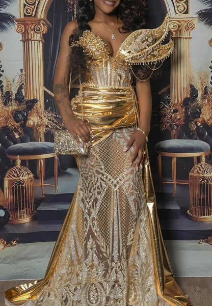 V-Neck Appliques Beaded Sparkly Sleeveless Mermaid Prom Dress for Black Girls
