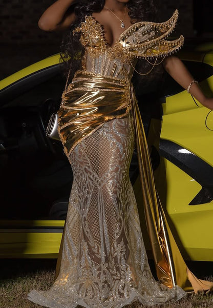 V-Neck Appliques Beaded Sparkly Sleeveless Mermaid Prom Dress for Black Girls