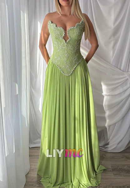 V-Neck Appliques Corset Pleated A-Line Prom Dress