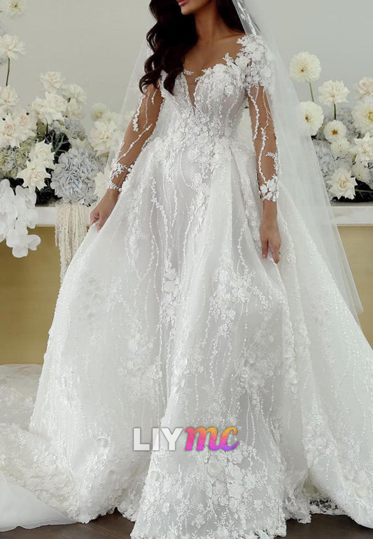 V-Neck Appliques Long Sleeves Floral A-Line Wedding Dress