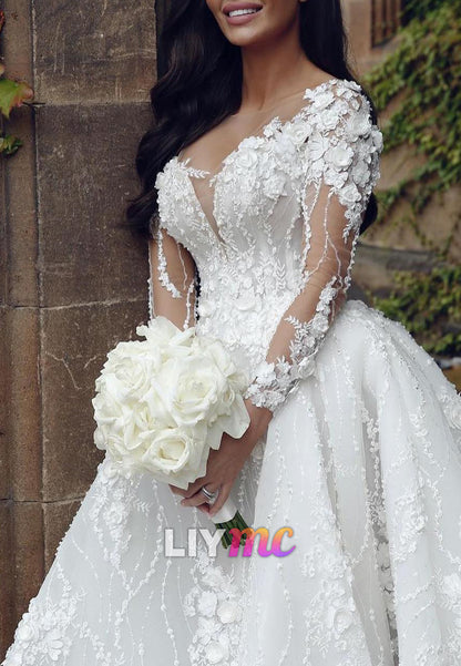 V-Neck Appliques Long Sleeves Floral A-Line Wedding Dress