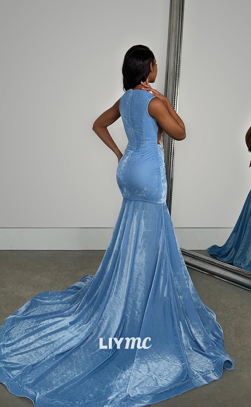 LP1269 - V-Neck Appliques Sheer Mermaid Prom Dresses for Black Girls Classy