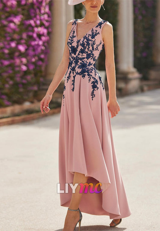 V-Neck Appliques Sleeveless A-Line Mother of Bride Dress