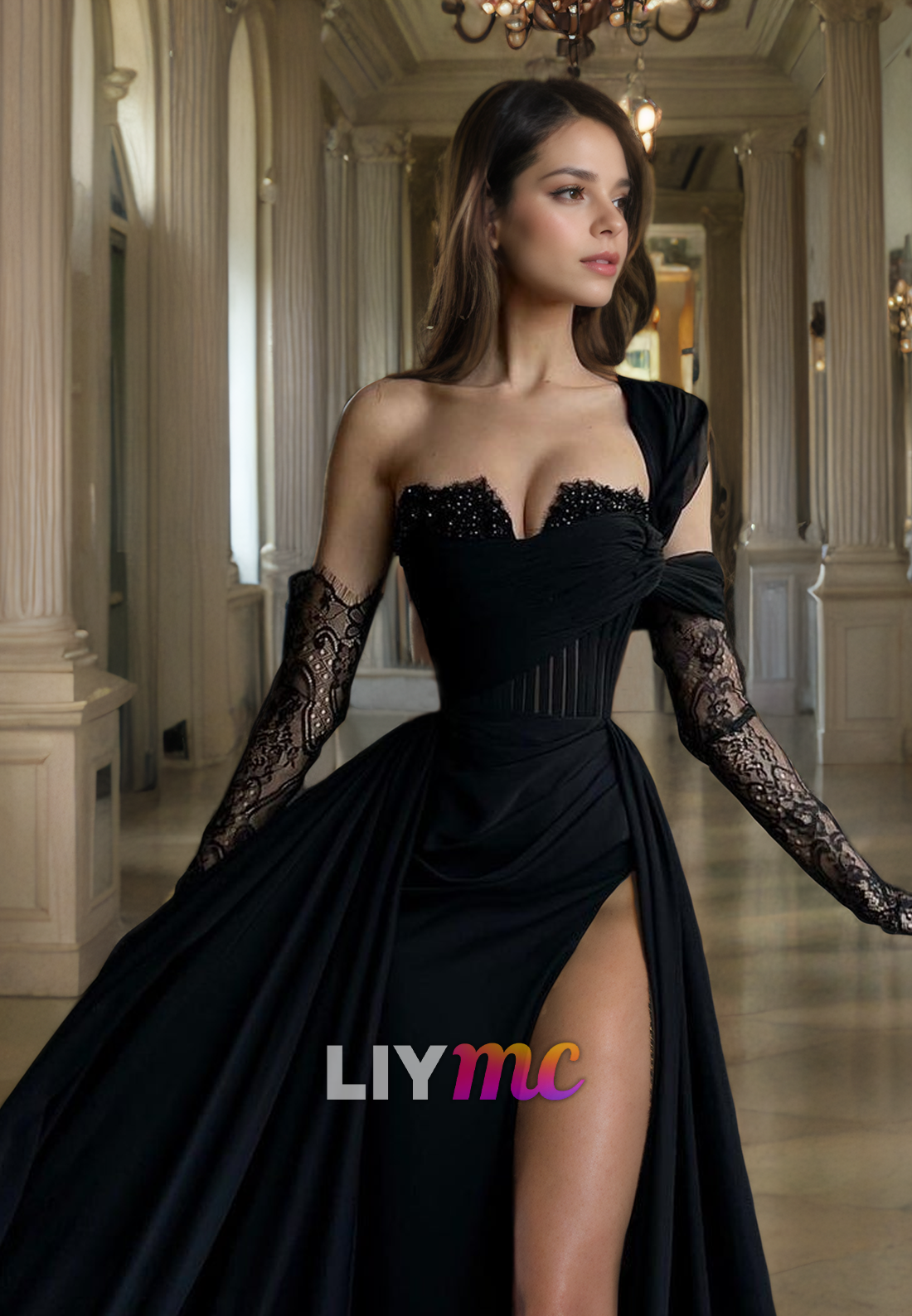 V-Neck Appliques Sleeves High Slit A-Line Prom Dress