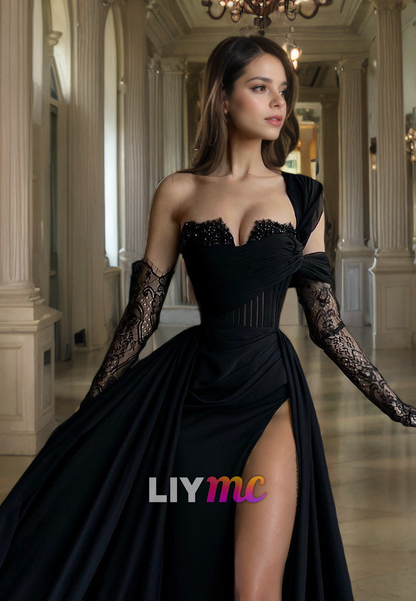 V-Neck Appliques Sleeves High Slit A-Line Prom Dress