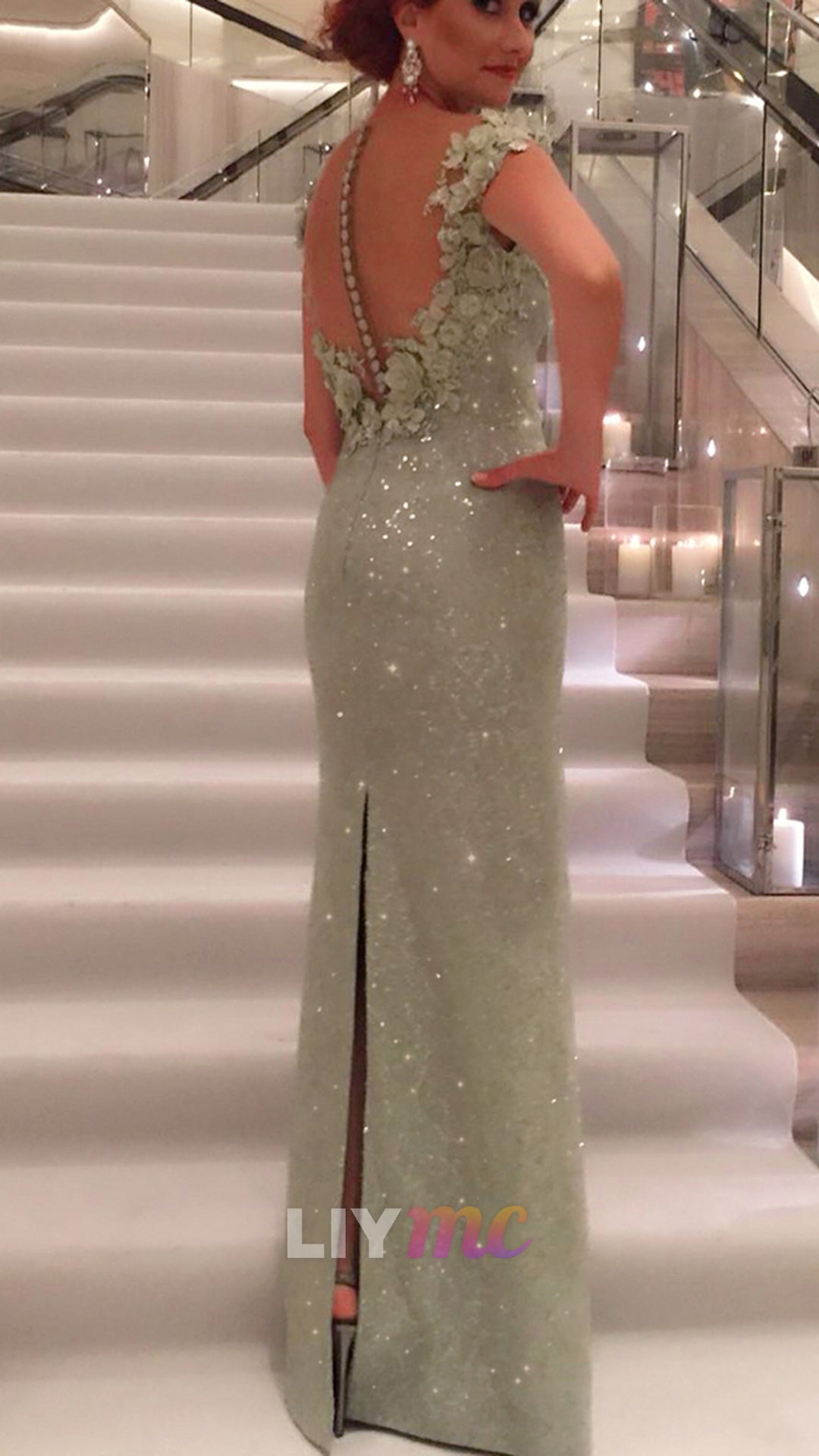 V-Neck Appliques Sparkly Sheath Mother of Bride Dress