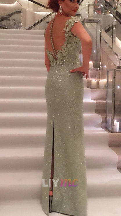 V-Neck Appliques Sparkly Sheath Mother of Bride Dress