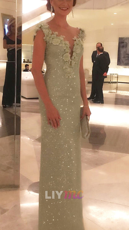 V-Neck Appliques Sparkly Sheath Mother of Bride Dress