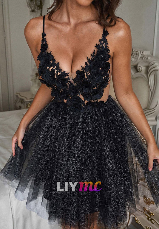 V-Neck Appliques Straps Tulle A-Line Party Homecoming Dress