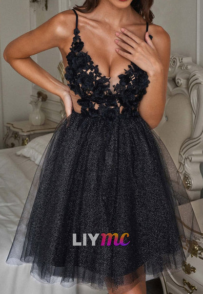 V-Neck Appliques Straps Tulle A-Line Party Homecoming Dress