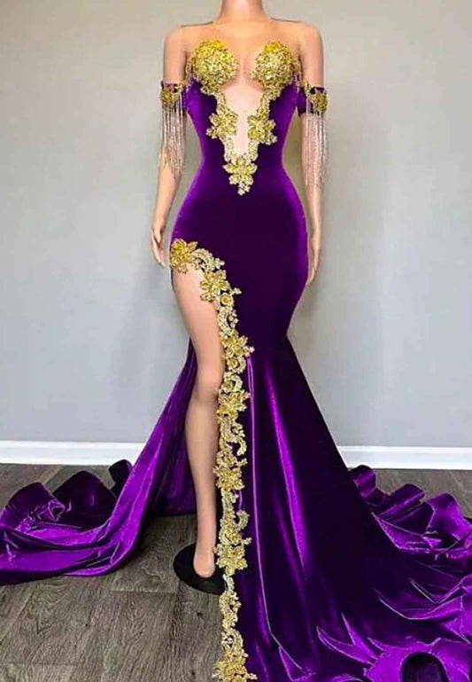 V-Neck Appliques Velvet Side Slit Sheath Prom Dress for Black Girls